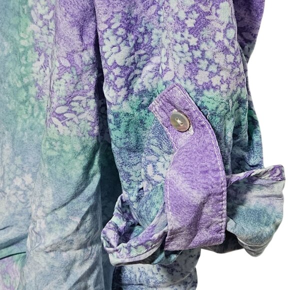 Ruby Rd Tie Dye Button Up Blouse Womens Size Large Purple Teal Roll Tab Sleeves - Picture 5 of 6